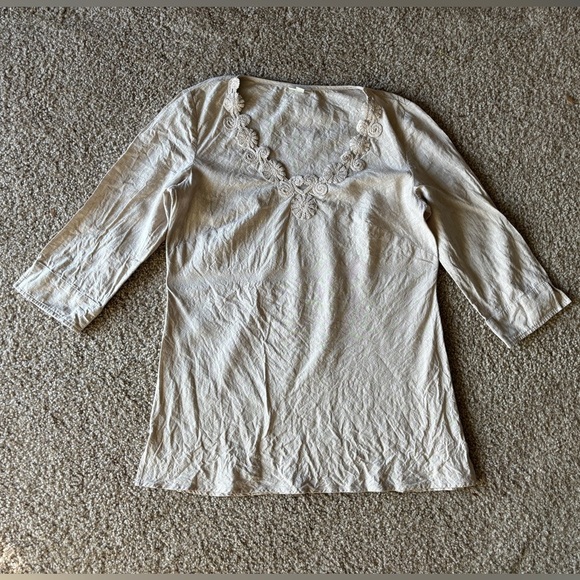 J Jill Small Tunic Blouse Linen Cotton Blend V‎ Neck Crochet Lace Beige Boho - Picture 5 of 7